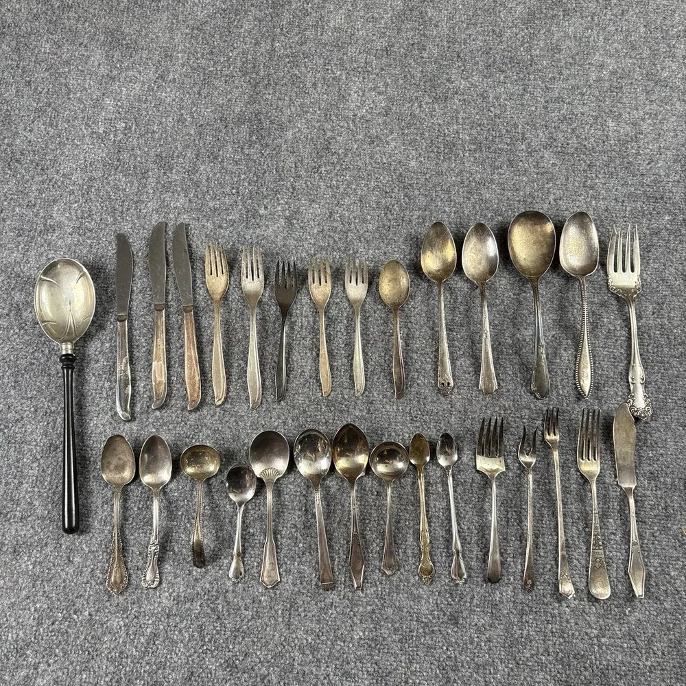 Vintage Silverplate Flatware Lot 30 Spoons Forks Knives Serving Pieces Crafts